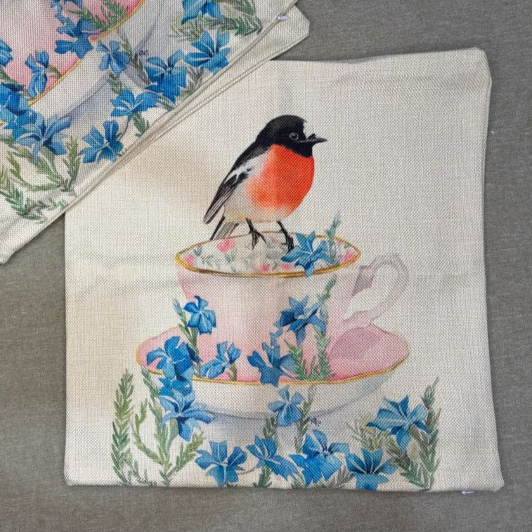 Male Scarlet Robin Teacup - Cushion Cover