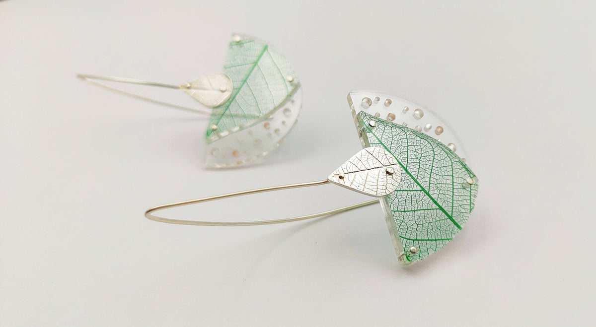 Green Leaf Skeleton Earrings - Green