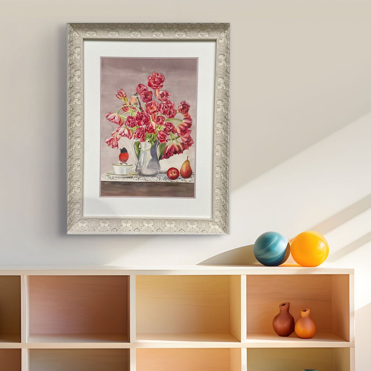 Scarlet Robin and Jug of Tulips
