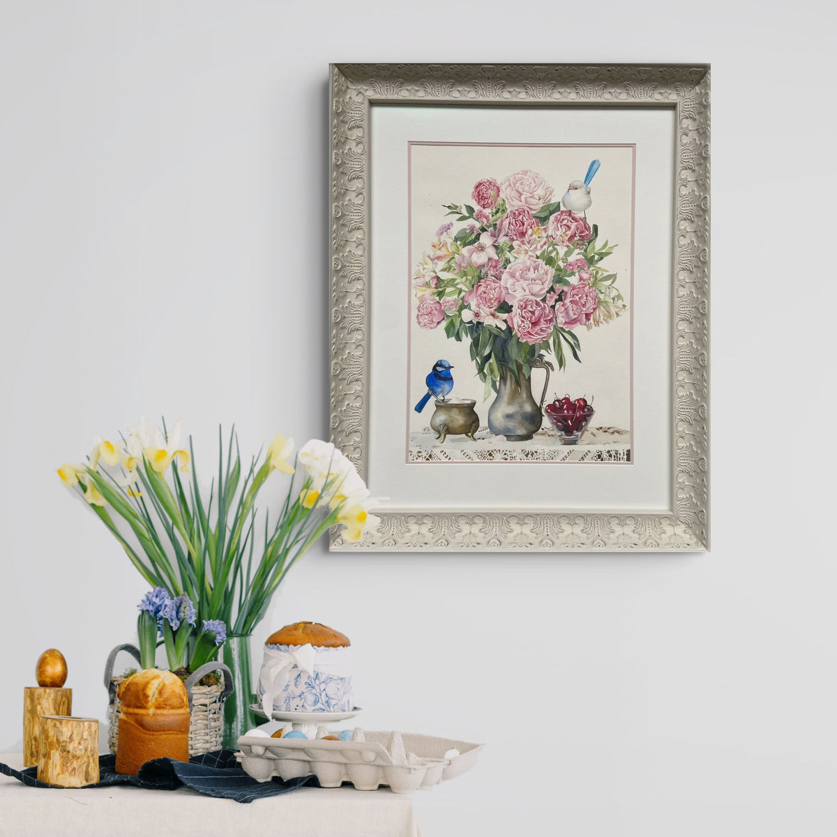 Splendid Wrens with Vase of Peonies