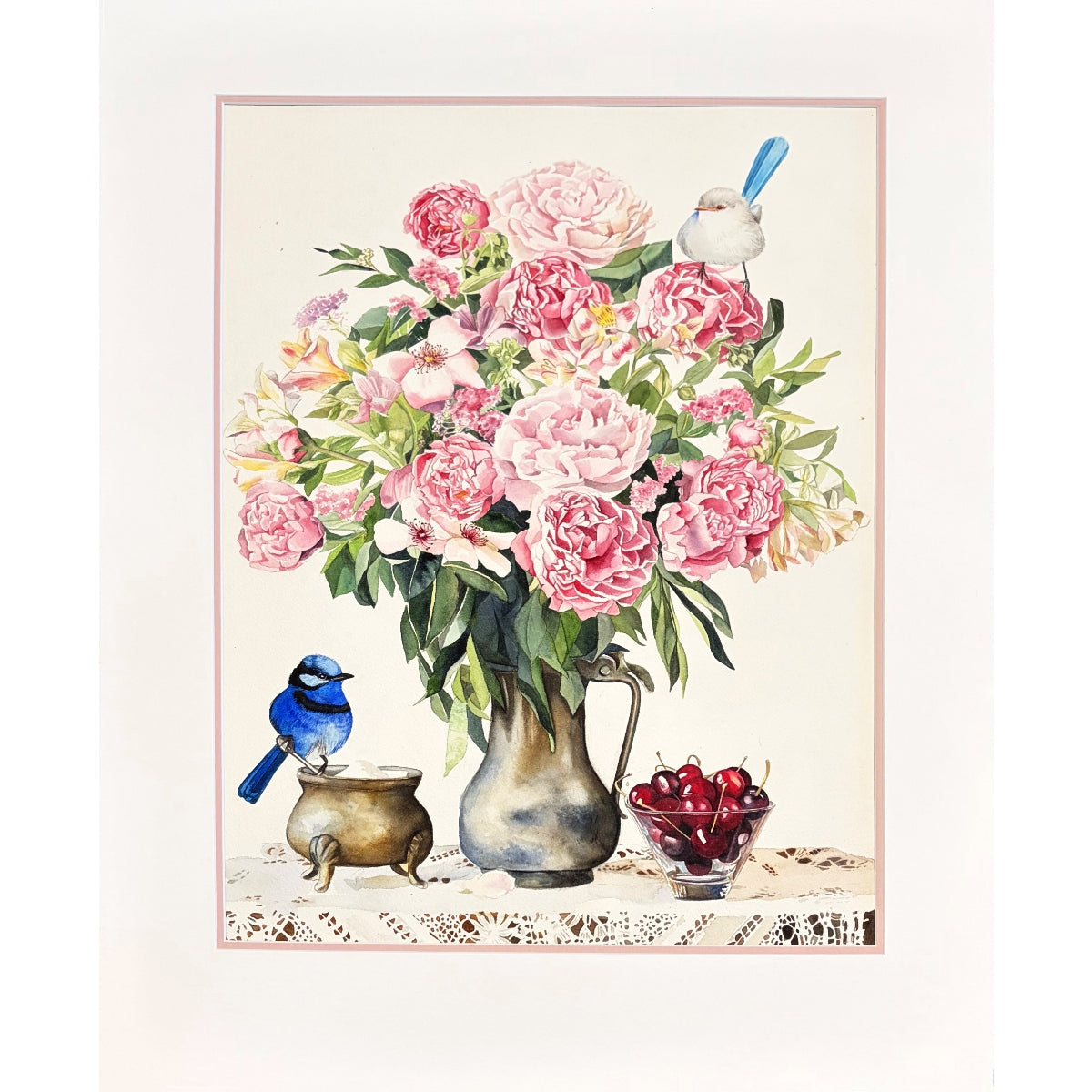 Splendid Wrens with Vase of Peonies