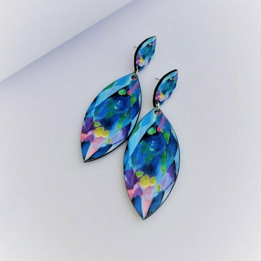 Marquise Shaped Multi Coloured Opals - Illustrated Leather Earrings