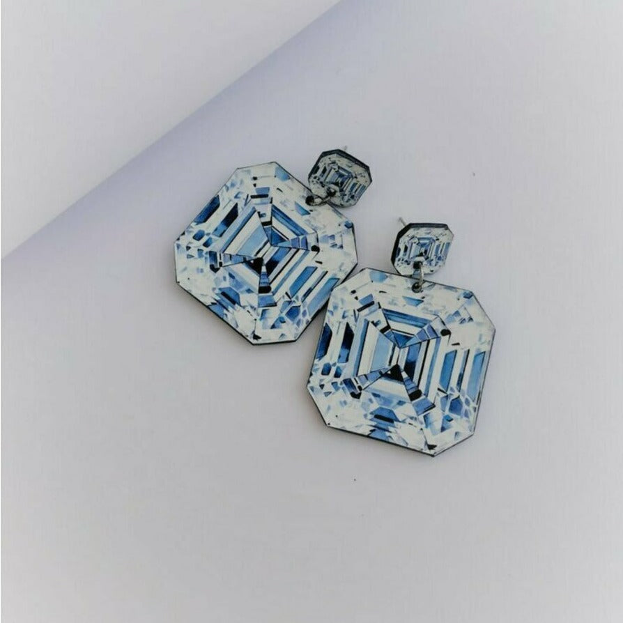 Asscher Cut Diamonds - Illustrated Leather Earrings