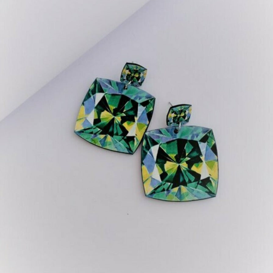 Cushion Shaped Green Sapphire - Illustrated Leather Earrings