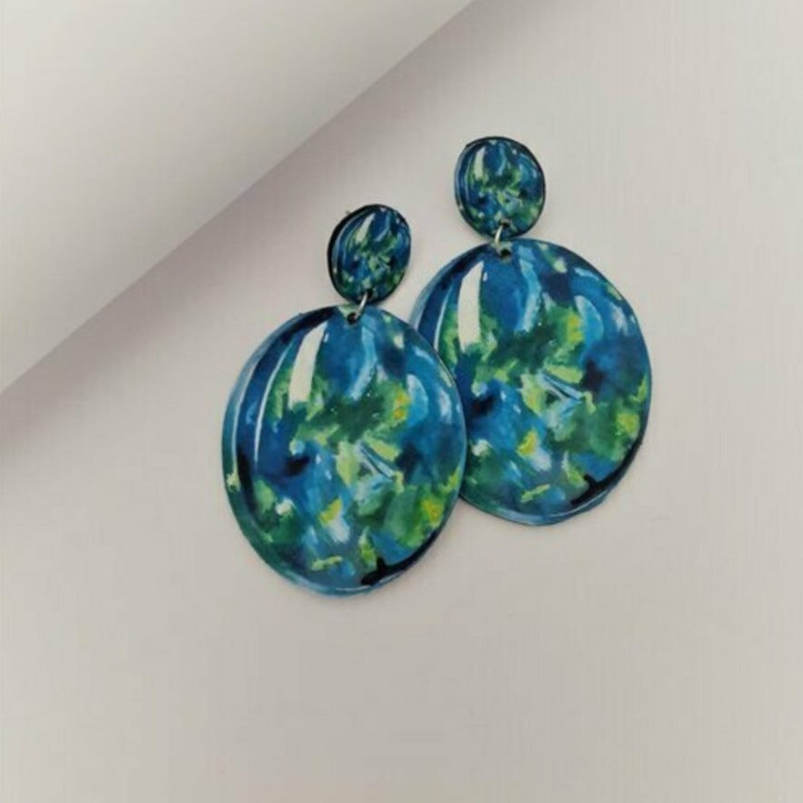 Oval Blue and Green Opals - Illustrated Leather Earrings