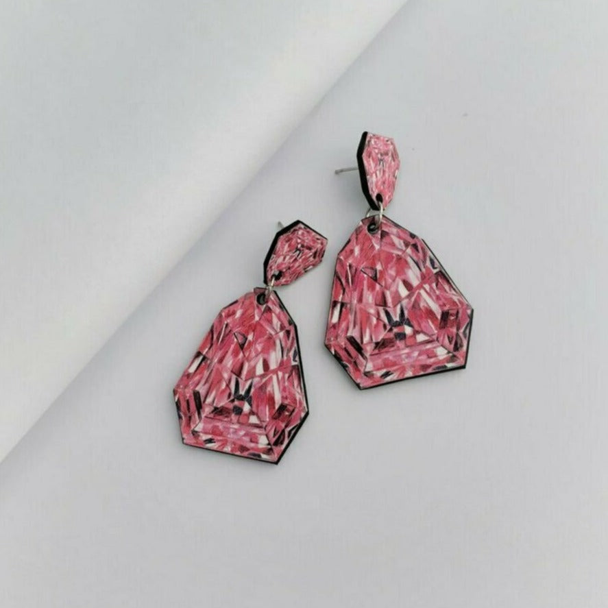 Pink Diamond - Illustrated Leather Earrings